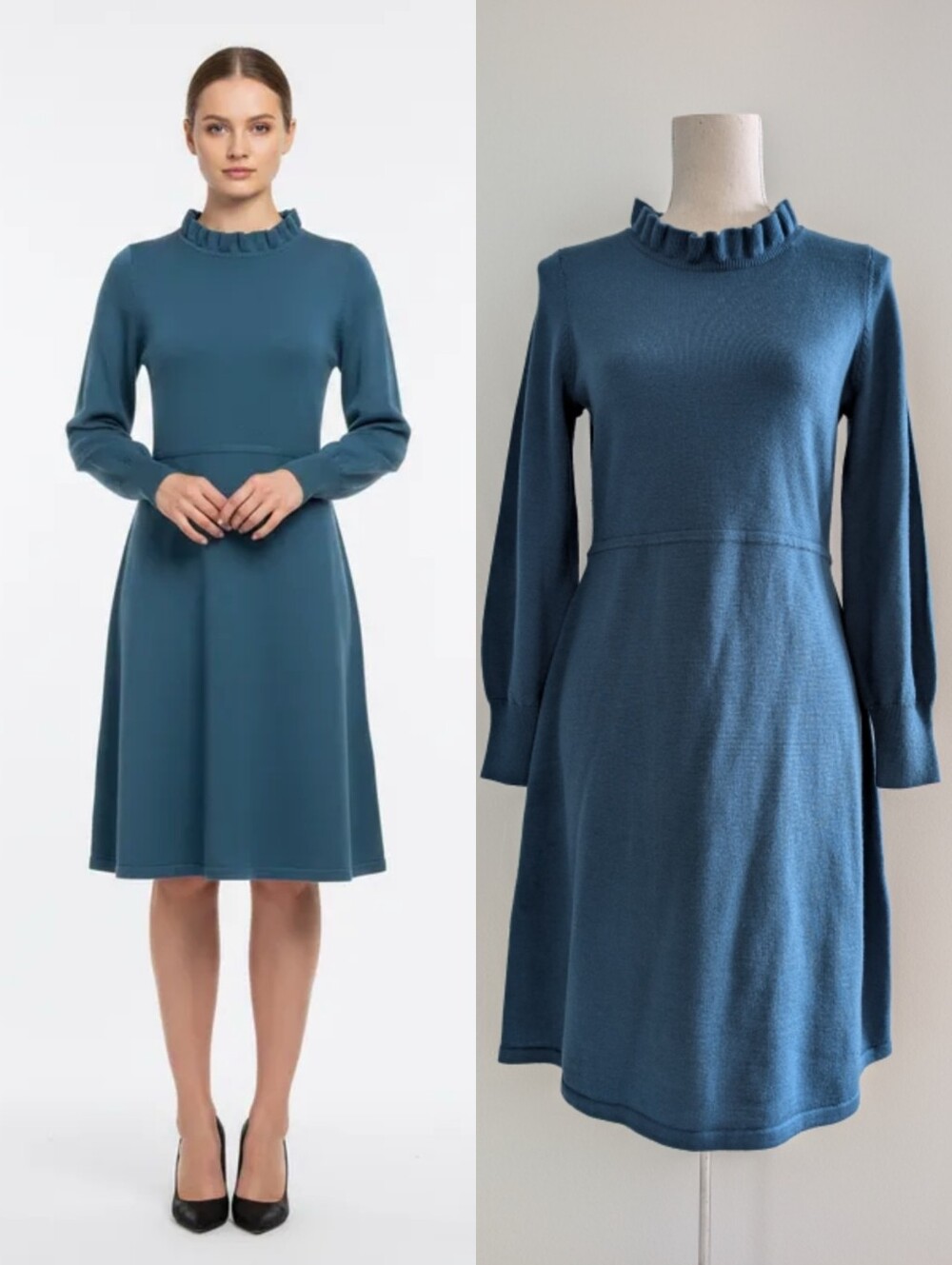 Talbots Merino Wool Ruffle-Neck Long Sleeve A-Line Dress in Teal